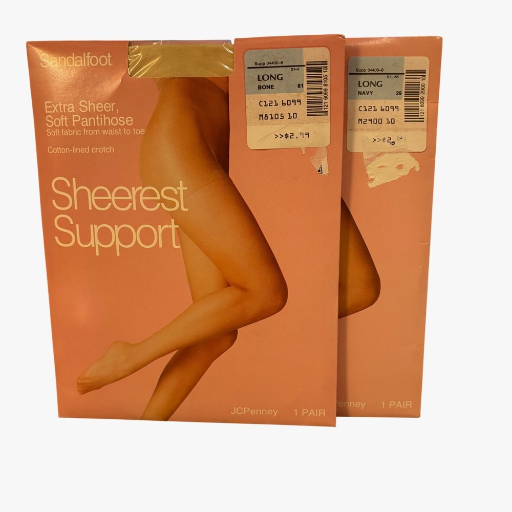 Vtg 80-90s JCPenny Pantyhose Lot 2 Bone Navy Long Sheerest Support Deadstock NOS